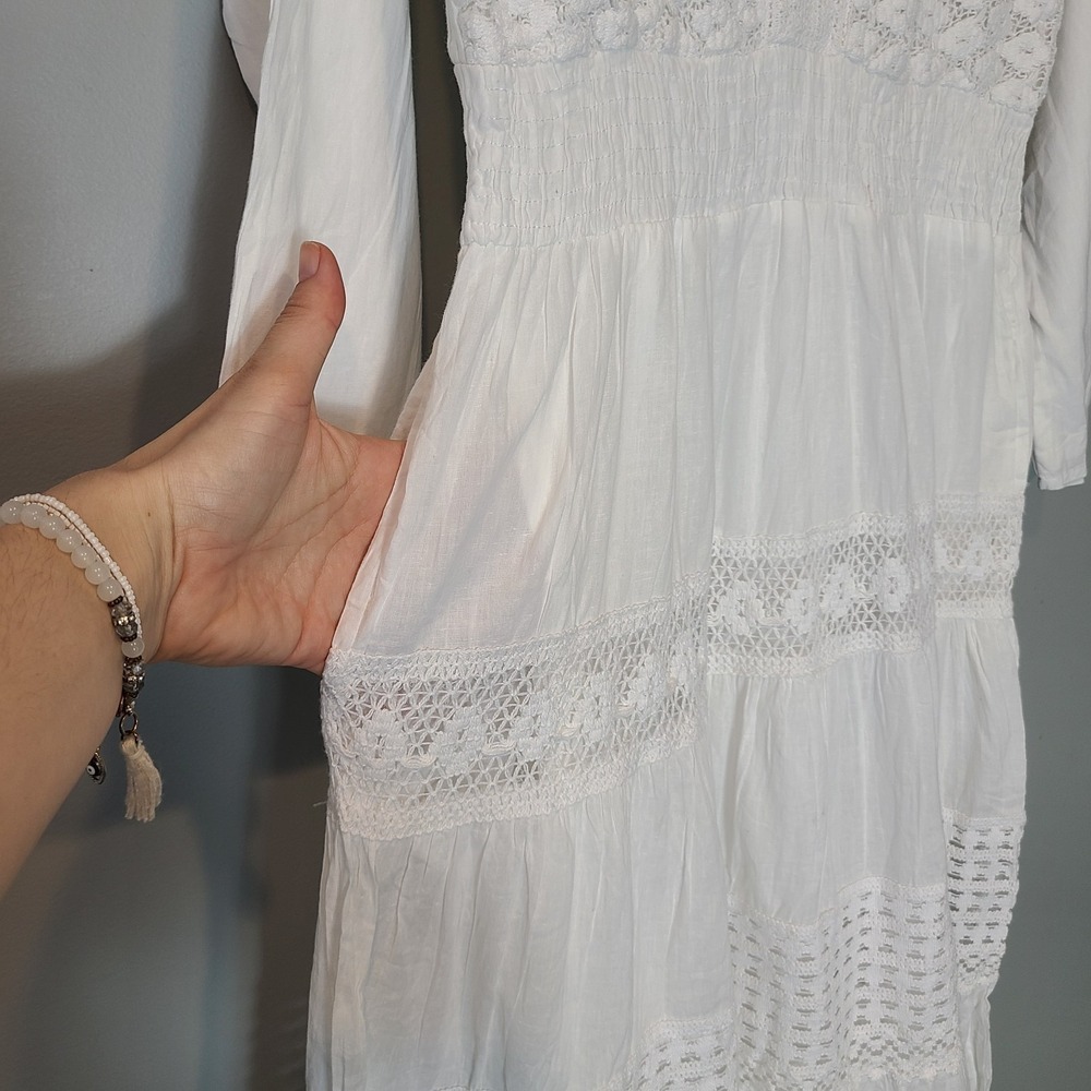 NAOO Cotton White Crochet Lace Tiered Flowy Boho Cottage Maxi Dress Sz M Resort - Picture 9 of 11